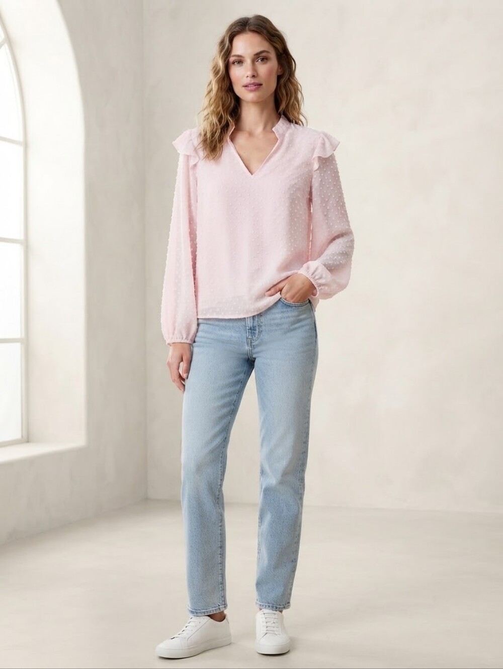 NWT J. Crew Light Pink Swiss Dot Ruffle V-Neck Blouse SZ L